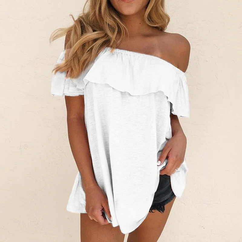 Women Blouses Shirts Summer Elegant Casual Short Sleeves Solid Top Fashion Female Sexy Backless Ruffles Loose Pullover Top Blusa
