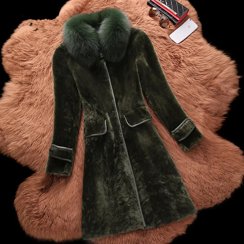 

Women Sheep Coat Winter Warm Fashion Genuine Sheepskin Leather Jacket Natural Real Large Fox Fur Collar WYQ841