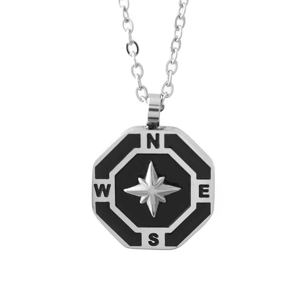 

Runda Fashion Men'S Stainless Steel Pendant Necklace Black Enamel Six-Pointed Star Compass Jewelry Men'S Holiday Gift