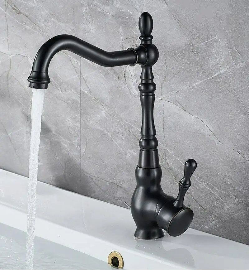 

Kitchen Faucets Black Brass Deck Mount Bathroom Faucet Single Handle 360 Rotate Basin Sink Mixer Taps Hot and Cold Water Mixers