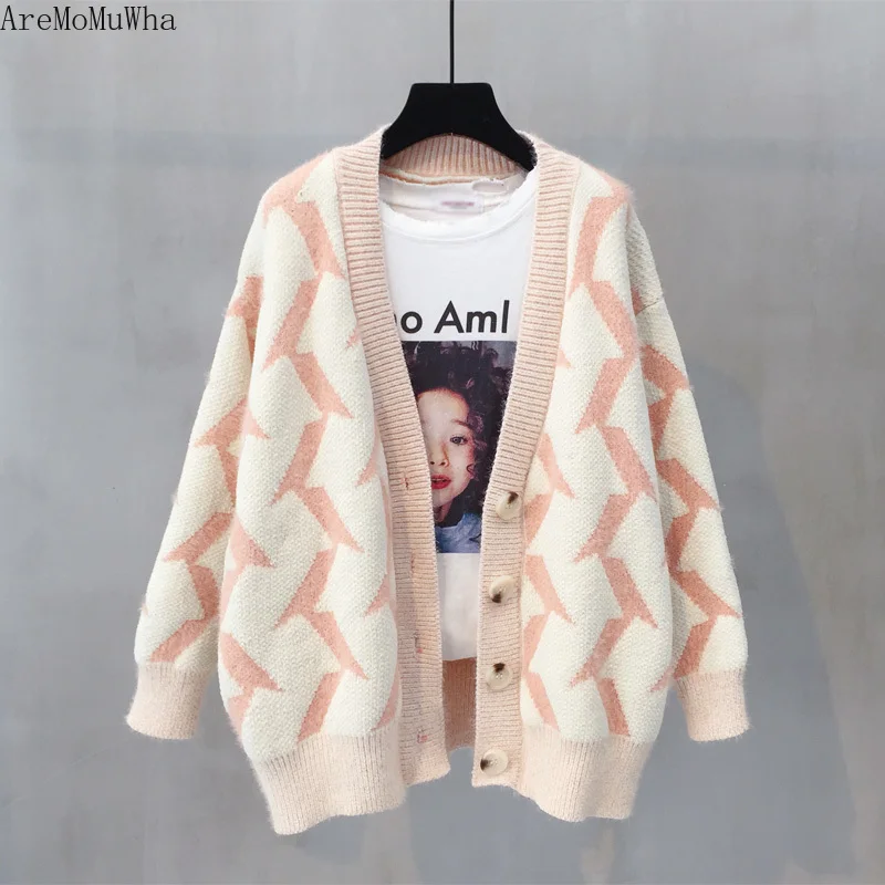 

AreMoMuWha 2019 Autumn New Sweater Coat Female Korean Version of The Loose Retro Autumn New Wave College Wind Cardigan MH468