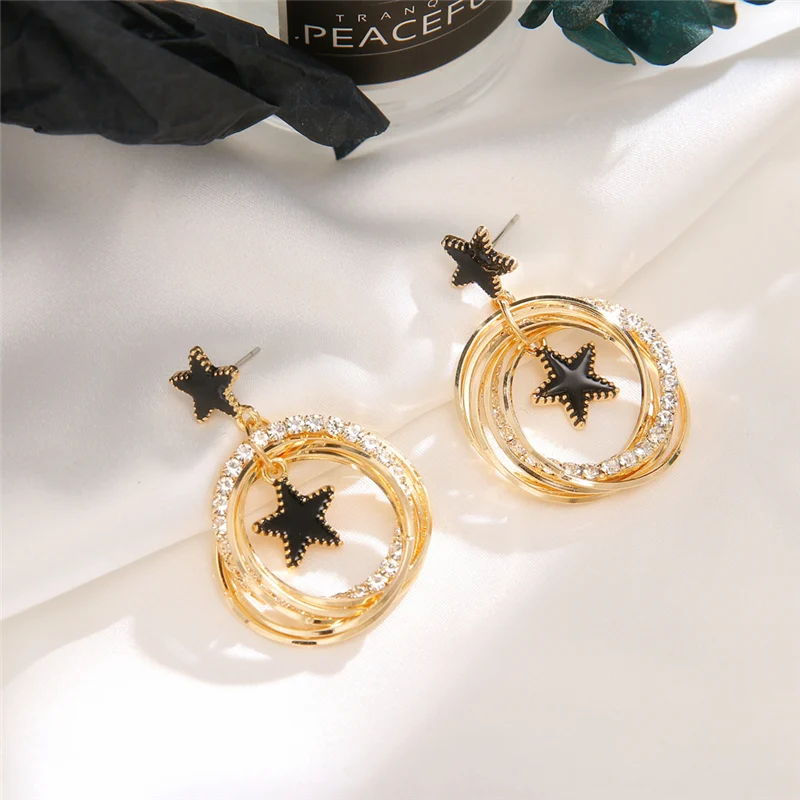 Модные Золотые круглые серьги с кристаллами для женщин Простые Черные