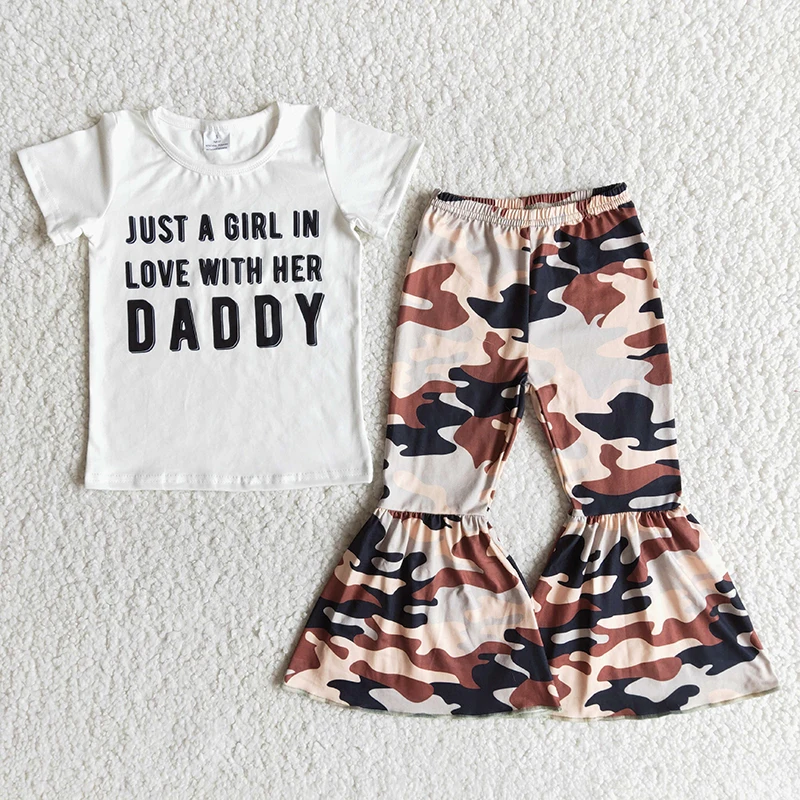 

Wholesale Spring Children Baby Girls Clothing Set Just A Girl In Love With Her Daddy Kids Camouflage Bells Pants Toddler Outfit