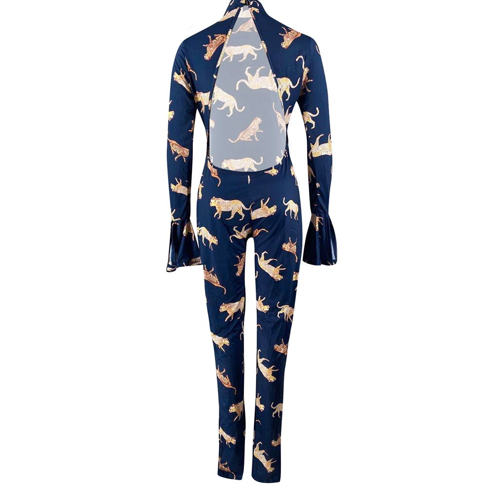 

Animal Printed Bandage Rompers Womens Jumpsuit High Necked Long Flare Sleeve One Piece Overall Street Style Backless Bodysuits