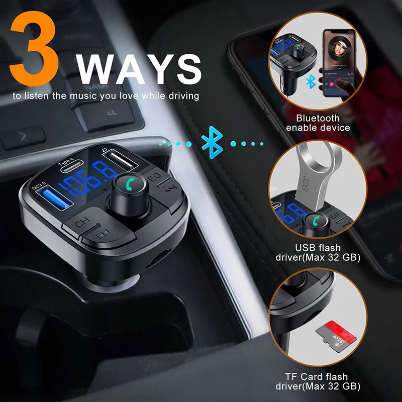 

Universal Car FM Transmitter Bluetooth 5.0 Car Kit MP3 Bluetooth Player Car Charger QC3.0 Double USB With Handsfree Modulator