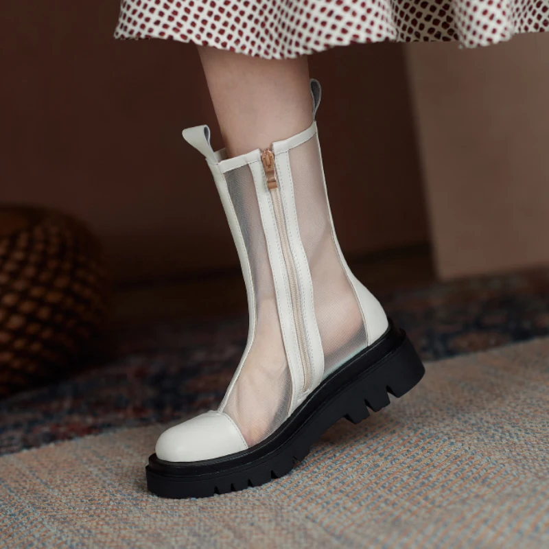 

Platform Chunky Heels summer boots For Women genuine leather Women motorcycle Boots 2021 Summer Working Party Ankle Boots