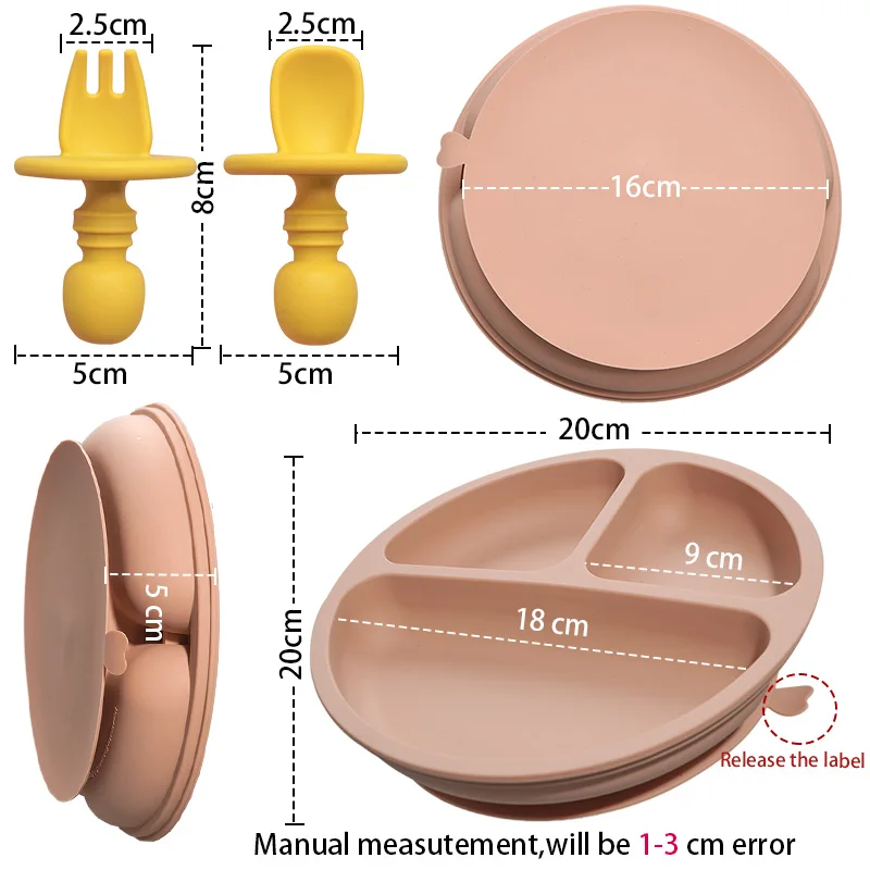 BPA Free Solid Silicon Baby Suction Plate Fashionable Feeding Accessorie Newborn Learning Plate Set With Fork Spoon Dropshipping