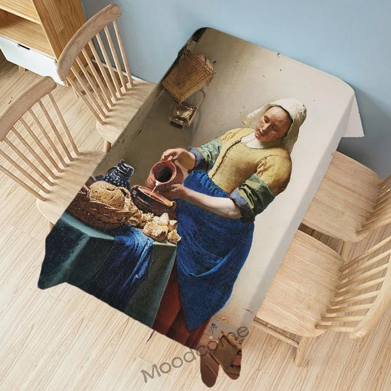 Dutch Artist Johannes Vermeer Famous Oil Painting Milkmaid Home Decorative Kitchen Tablecloth Cotton Linen Dinning Table Cloth