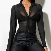 female sexy see through long sleeve blouse summer autumn ladies solid color turn down collar shirt tops s m l