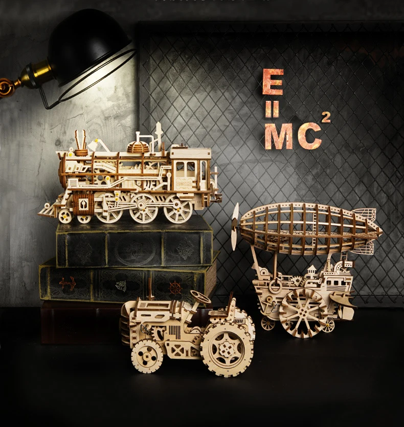 3D DIY деревянный Заводной механизм привод локомотив головоломка модель