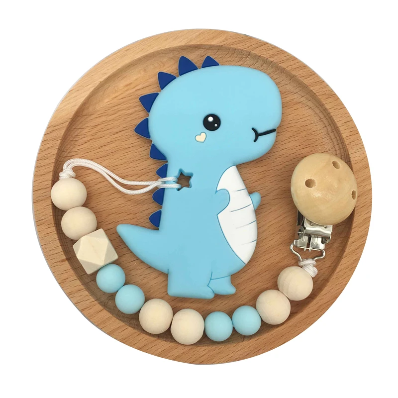 teether and chain Прищепка для соски цепь мультфильм Динозавр Прорезыватель деревянные бусины пустышка Клип пустышка жевательный поводок соска держатель Прорезыватель - Цвет: teether and chain