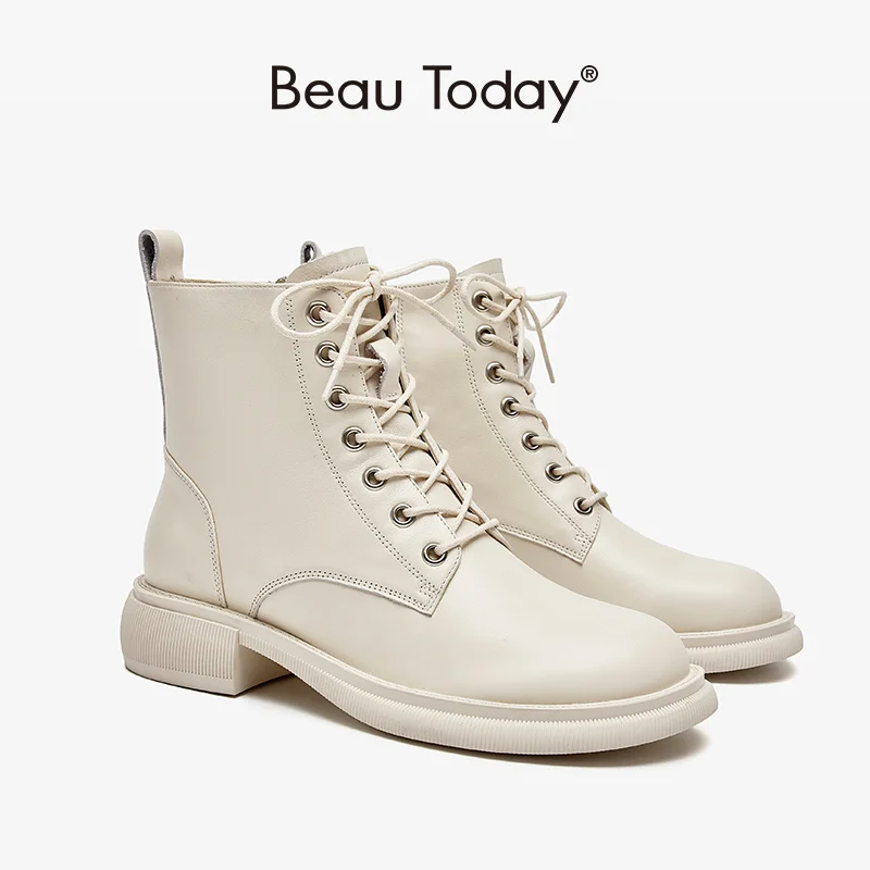 

BeauToday/женские ботильоны из натуральной коровьей кожи с металлическими петельками и боковой молнией; Сезон осень; Женская обувь в байкерском стиле ручной работы; 04045