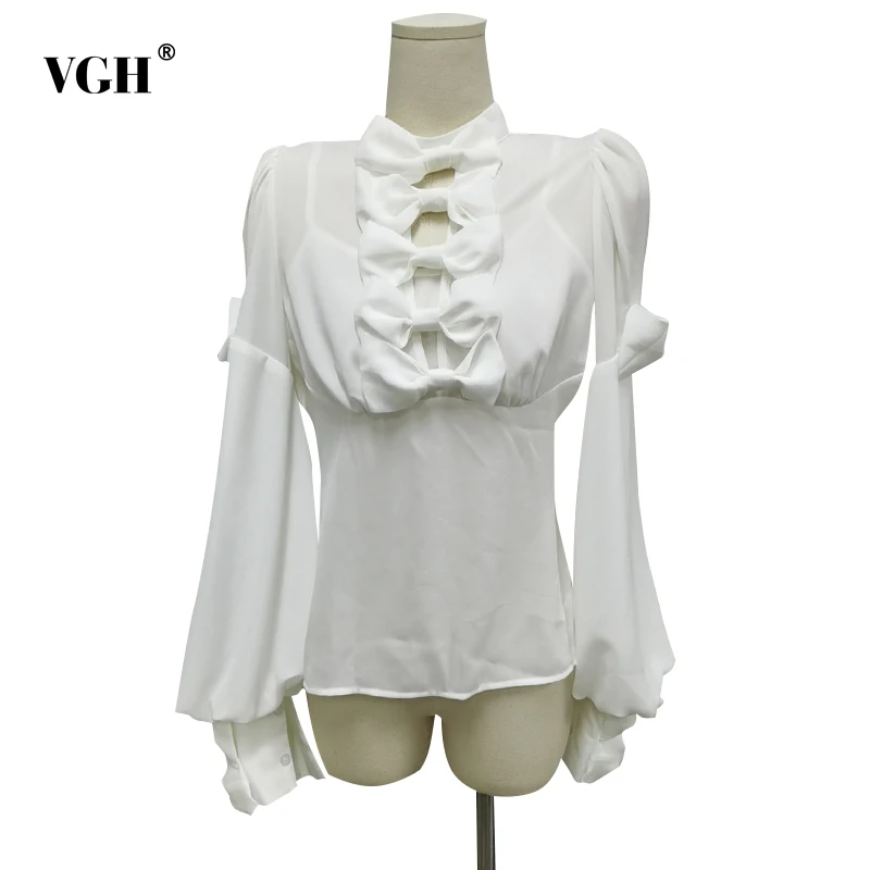 

Женская блузка с длинным рукавом VGH, белая Лоскутная Повседневная облегающая блузка с длинным рукавом и бантом, осенний стиль, 2021