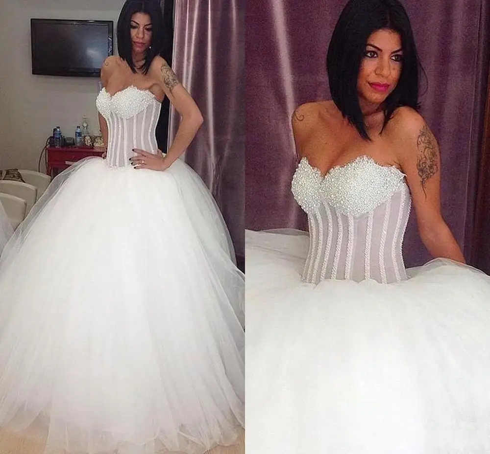 

New Arabic Ball Gown Wedding Dresses Sweetheart Crystal Beading Illusion Long Sweep Train Tulle Puffy Plus Size Formal Bridal