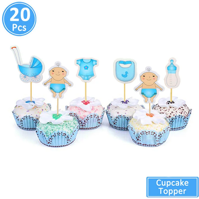 20pcs blue boy Украшения для детского душа бумага со слоном Торт Топперы его девочка мальчик Babyshower вечерние принадлежности пол раскрыть розовый синий - Цвет: 20pcs blue boy