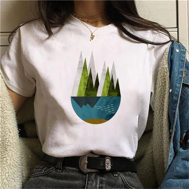 

Women Geometric Figure Print T Shirt 2021 New Summer O Neck Short Sleeve T-shirt Female Graphic Harajuku White Tops Tee