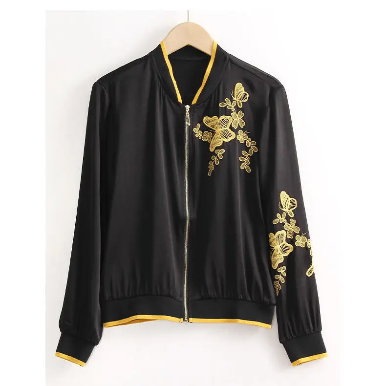 

Long-sleeved silk short jacket 2021 spring and autumn loose fashion women's baseball uniform mulberry silk jacket top