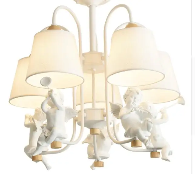 

New Angels LED Chandelier With Cloth Lampshade For Living Room White Metal Chandeliers Green E27 Lustre Wooden Hanglamp MING
