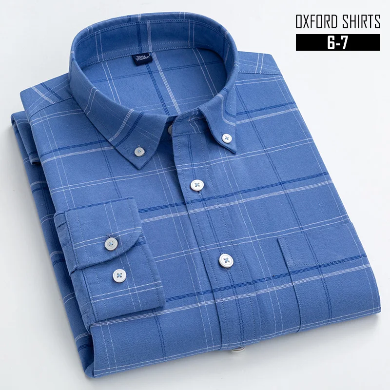 100% Cotton Oxford Shirts Mens Pocket Smart Casual Long sleeve Blue Dress Shirt for Men Button Slim Fit Camisa Social Male Shirt