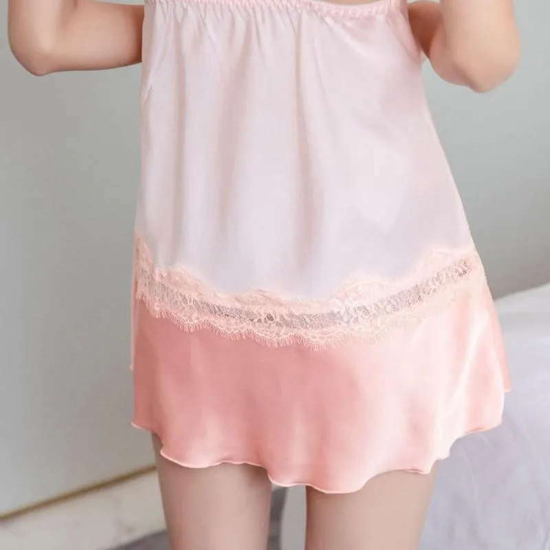 

Sexy Sleep Dress Women Sleepwear Satin Spaghetti Strap Nightgown Patchwork Nightdress Intimate Lingerie Home Dressing Gown