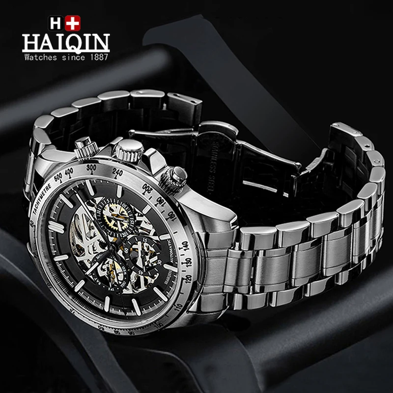 HAIQIN Skeleton Watch Men 2022 Automatic Mens Watches Top Brand Luxury Watches For Men Mechanical Wristwatch Waterproof Relogio