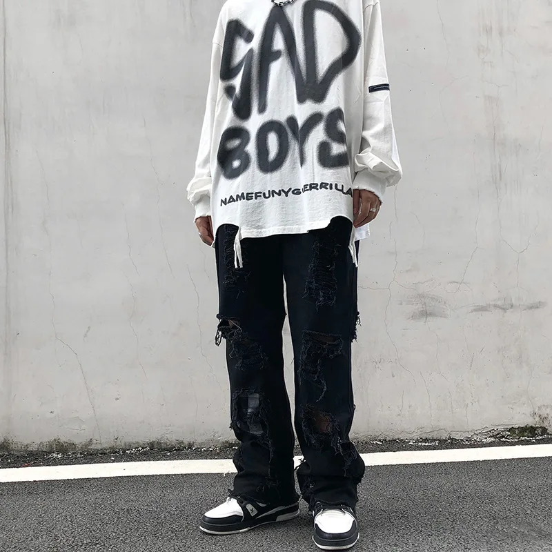 ICCLEK  Fall Ripped Jeans Men's Jeans Stitching Jeans Fashion Casual Pants Plus Size Jeans  Men Clothing  Black Jeans