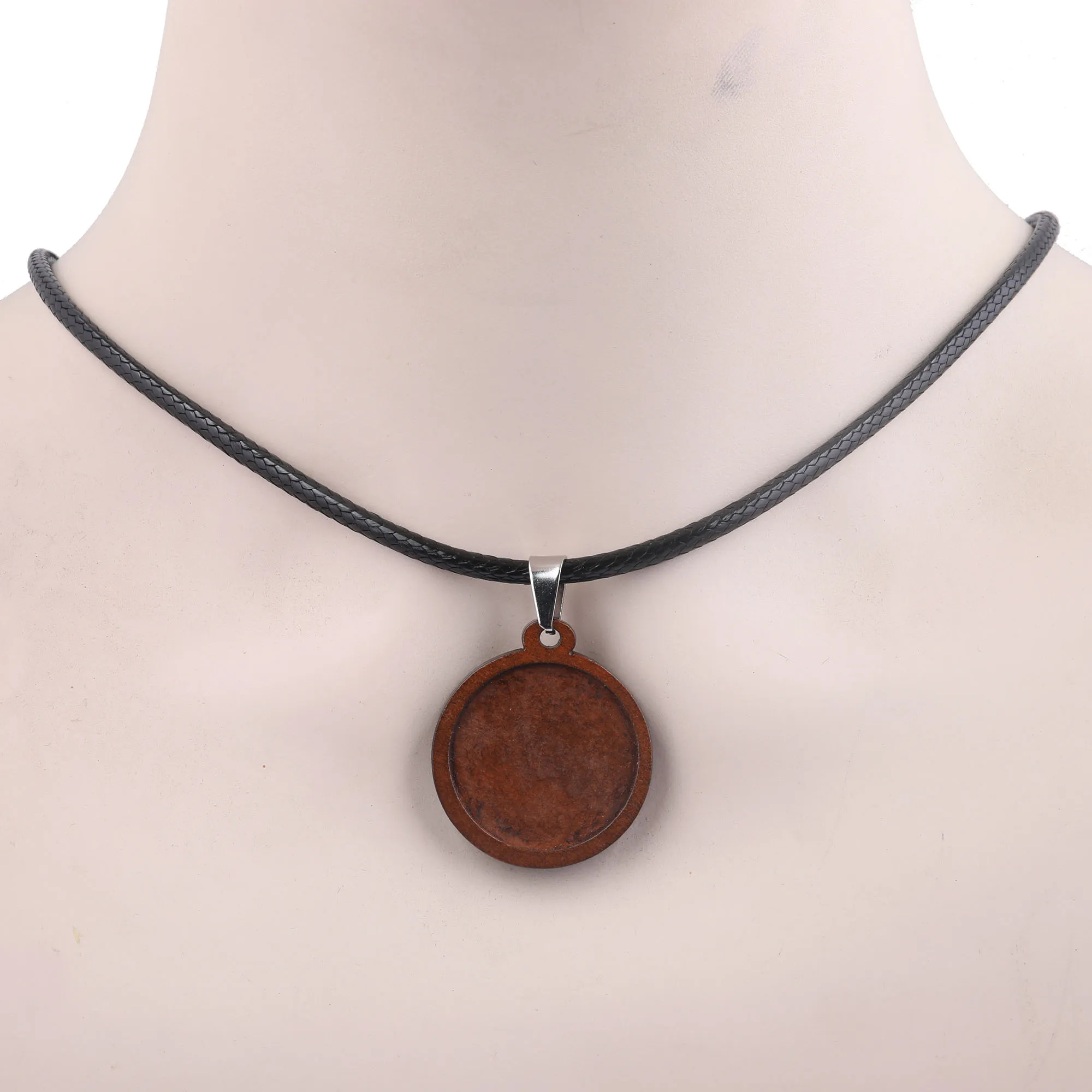 

5pcs Fit 25mm Wood Cabochon Pendant Base Setting Trays 55cm Long Leather Cord Rope Necklace Bezel Blank Diy Jewelry Findings