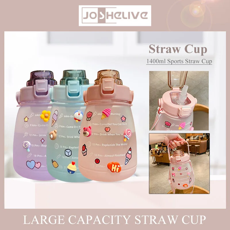 

1400ml Portable Large-capacity Straw Cup Cute Pot Belly Cup Sports Water Cup Female Summer Student Children Drink Water Bottle
