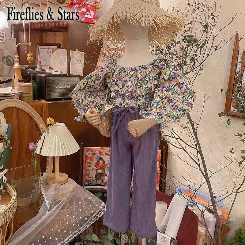 

Детский комплект из блузки и брюк, с цветочным принтом и рукавами-фонариками