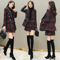 pinkou women vintage tweed blazer set plaid pattern jacket mini skirt checkered coat female retro twill suits tz45