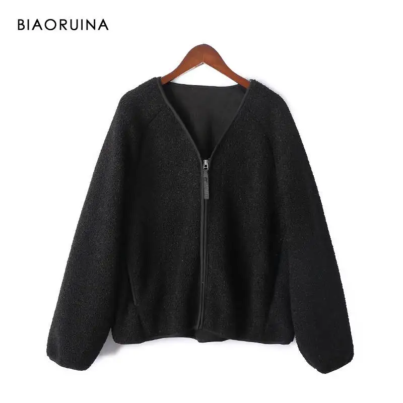BIAORUINA Женская однотонная Модная тонкая куртка из искусственного меха с молнией, Женская Повседневная Удобная теплая куртка с v-образным вырезом, подходит ко всему - Цвет: Черный