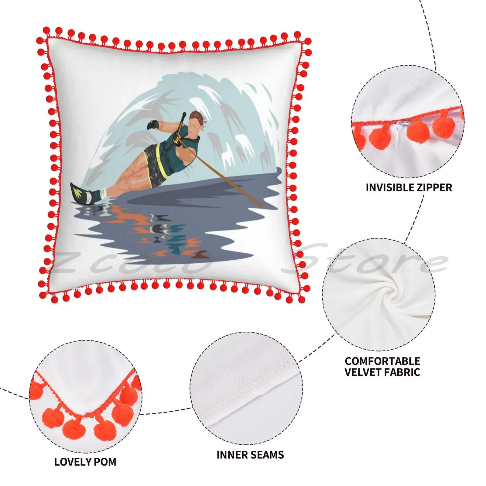 Water Skiing Sports Print Customize Pattern Flax Plush Velvet Fabric Pillow Case Slalom Skier Athlete Ski | Дом и сад