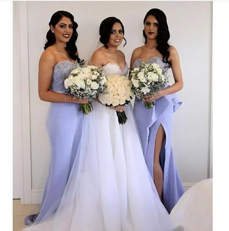 

Lilac Long Bridesmaid Dresses Sheath Applique Side High Split Strapless Maid Of Honor Gowns Girls Wedding Guest Prom Dress 2022
