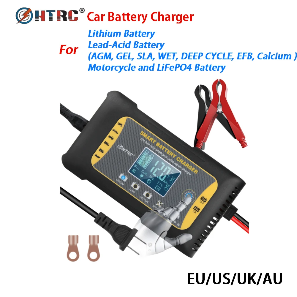 

HTRC Car Battery Charger 12V 5A 24V 10A Fully Intelligent Pluse Repair Charger For Lithium Lead-Acid LIFEFO4 AGM Battery