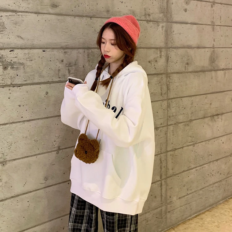 

Толстый и бархатный пуловер с вышивкой и капюшоном XZ2939, свободные толстовки с длинным рукавом