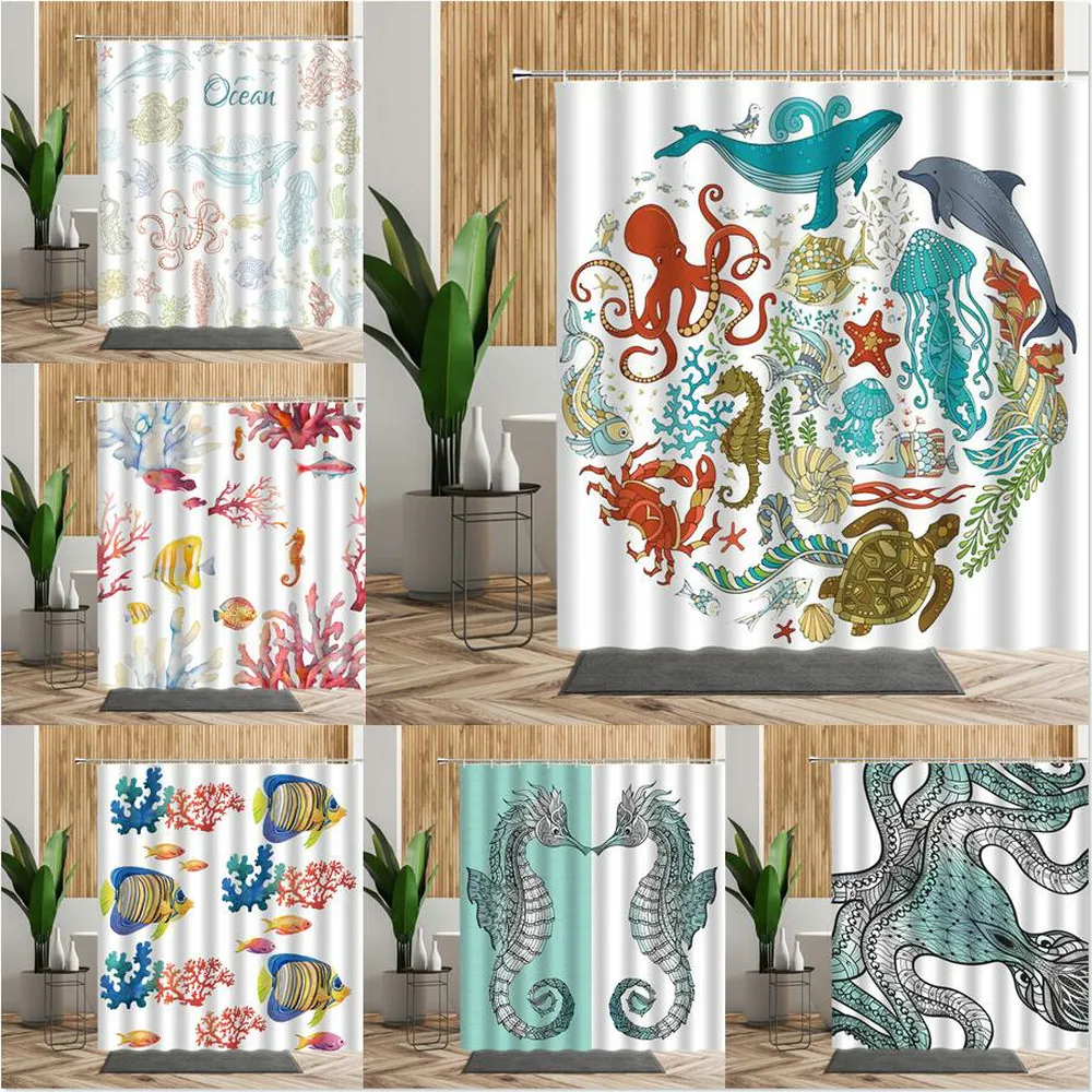 

Cartoon Ocean Animal Kids Shower Curtains For Bathroom Whale Turtle Octopus Fish Starfish Seahorse Cloth Bath Curtain Home Decor