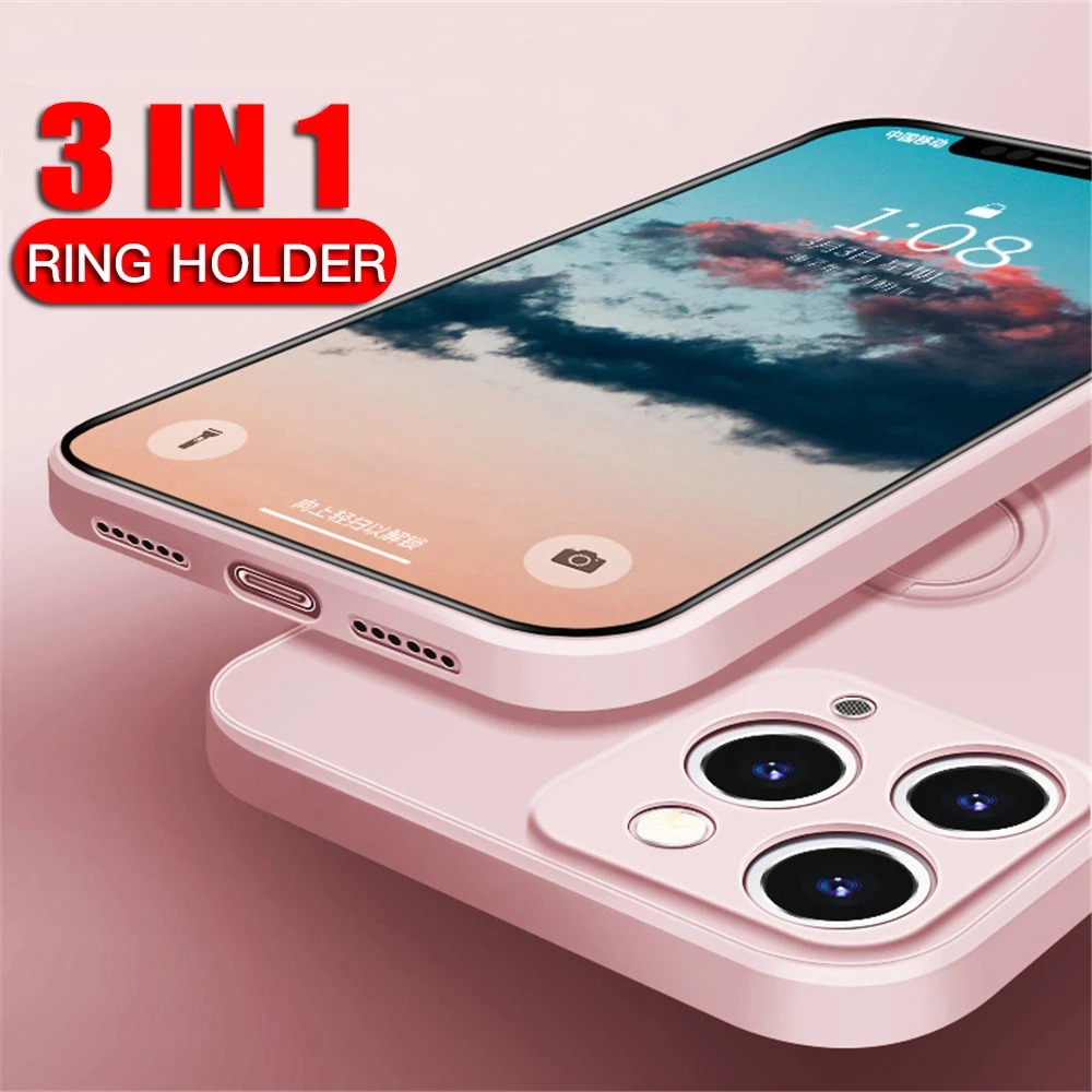 

Original Square Liquid Silicone Phone Case For iPhone 11 Pro Xs MAX XR X 7 8 6 6s Plus SE 2020 Ring Holder Cover With Hand Strap