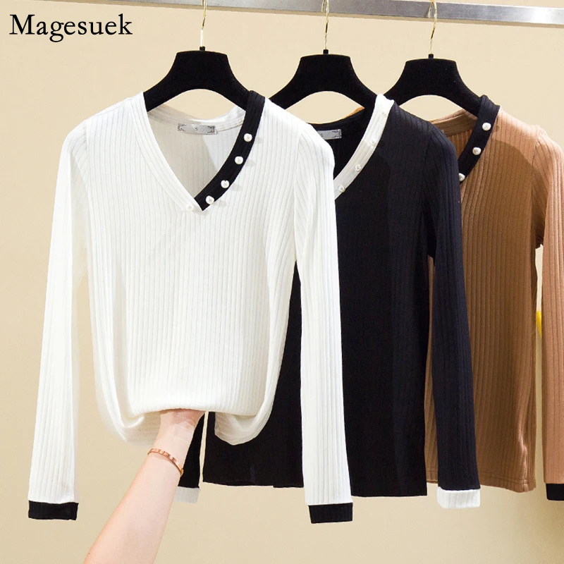 

Spring Knitted Woman T-shirts Tops Long Sleeve V Neck T Shirt Women 2021 High Stretch Solid Office Ladies TShirts Femme 13283