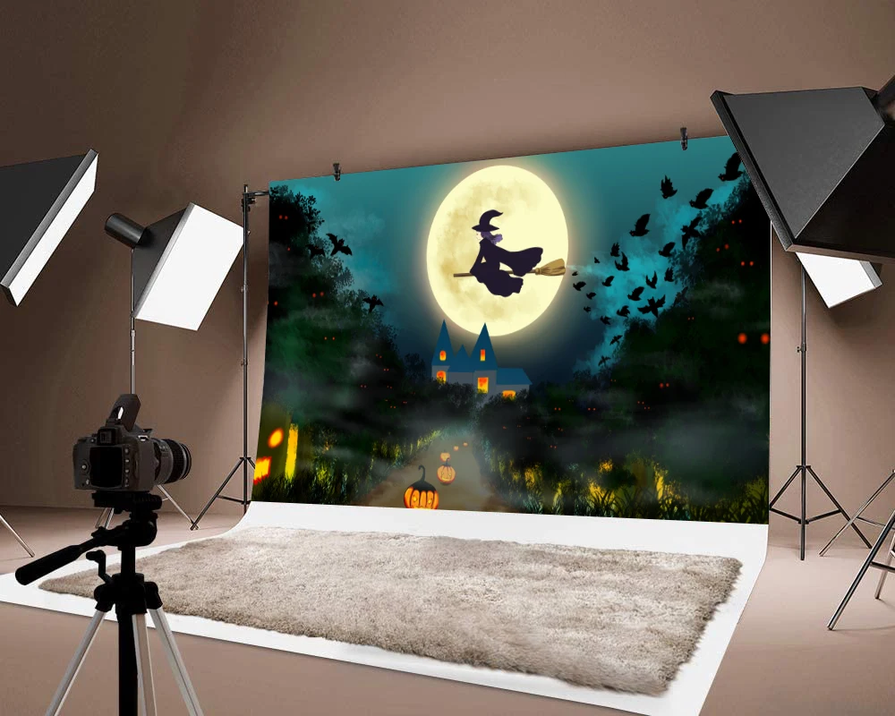 

Happy Halloween Pumpkin Lantern Moon Printed Mysterious Witch Background Decorations Thin Vinyl Backdrop Photo
