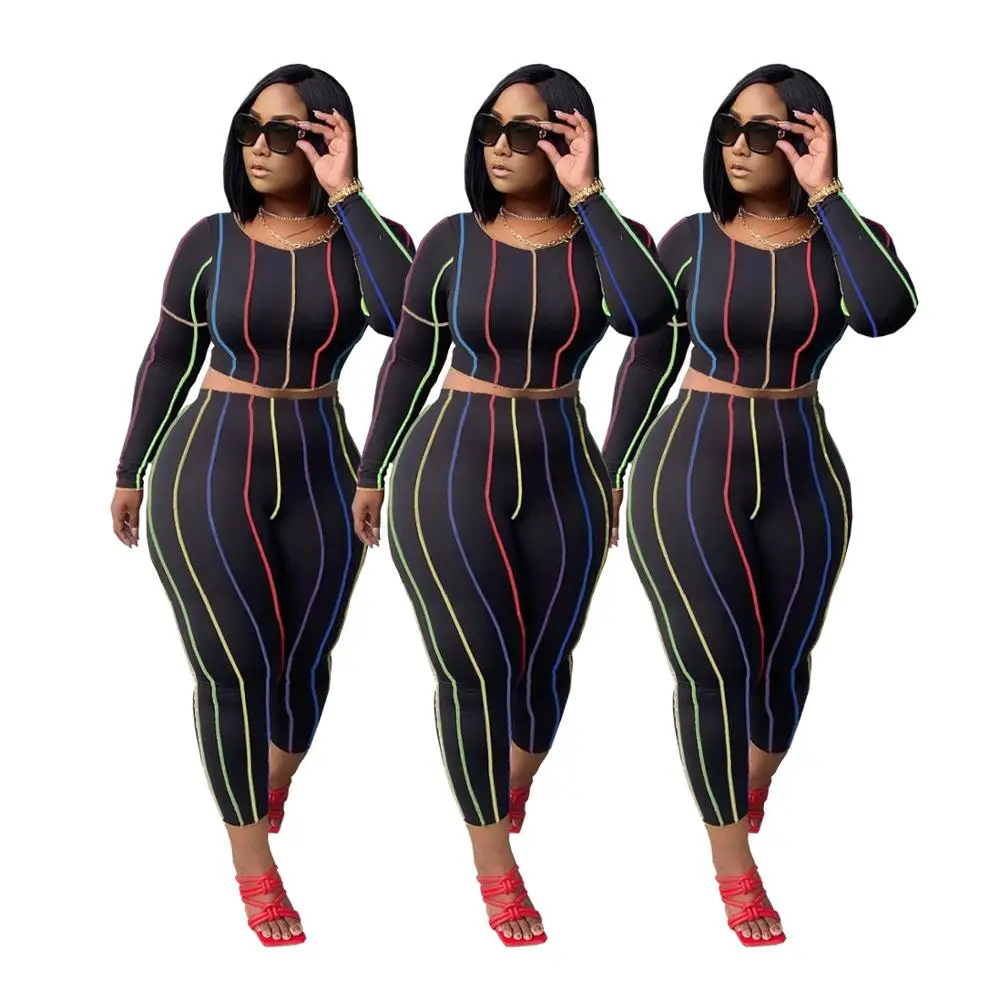 

Hot Selling Fashion Women Casual Sets O-Neck Long Sleeve Colours Striped Skinny Tees High Waist Pencil Pants Outfits Party