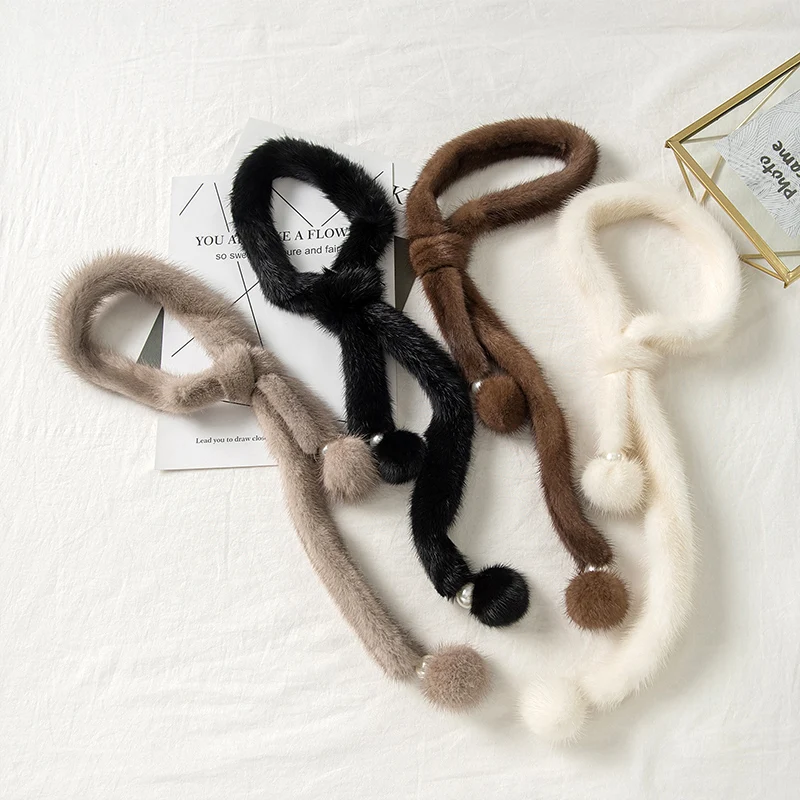 Lantafe Scarf Women Lady Tie Fur Decoration With Ball Neck Real Mink Thin Fashion Ladies |