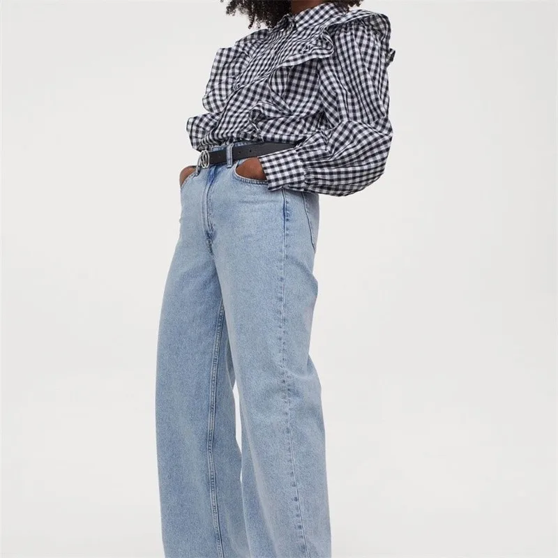 

Plaid Loose Blusas ZXQJ Fashion Vintage Female Chic Shirts Button-up Tops Sleeve Long Women Trims Blouses Ruffle