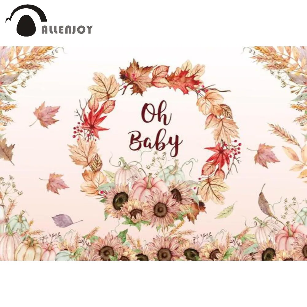 

Allenjoy Oh Baby Backdrop Maple Leaves Pumpkin Sunflower Wheat Branches Autumn Baby Shower Custom Poster Photography Background