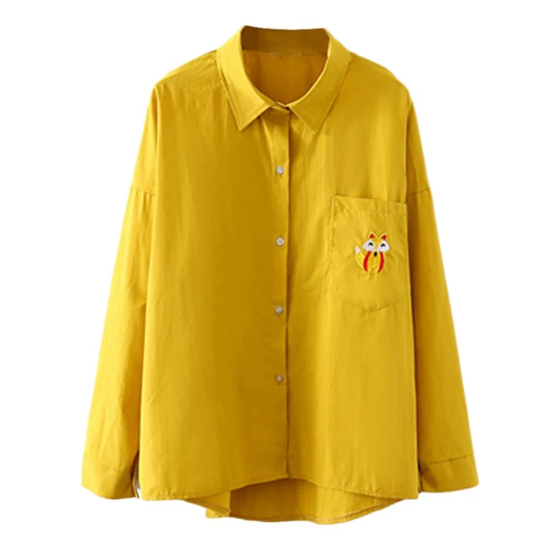 Женская винтажная рубашка с отворотом и вышивкой лисы свободная однобортная