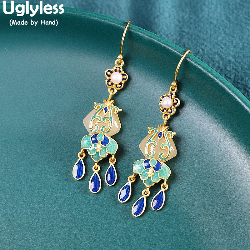 

Uglyless Exotic Eastern Beauty Earrings for Women Enamel Tassels Earrings Rings Triangle Jade Pearls Jewelry Sets 925 Silver