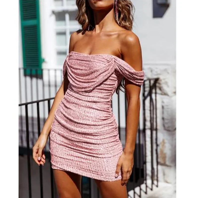 

Однотонное блестящее элегантное вечернее платье с открытыми плечами, женское сексуальное платье-карандаш с блестками, сексуальное платье, ...