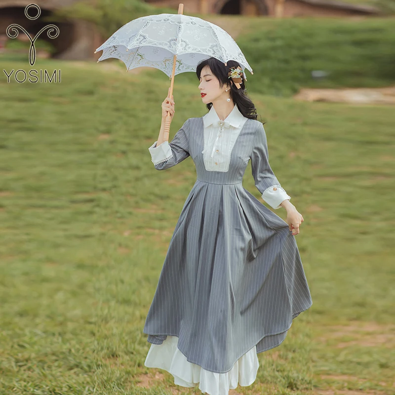 

YOSIMI 2021 Autumn Vintage Gray Striped Patchwork White Shirt Dress Office Lady Female Vestidos Fit and Flare Long Women Dress
