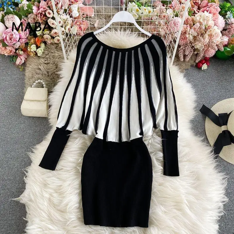 

Autumn Winter Women Batwing Sleeve Knitted Bodycon Dress Fashion Pullover Mini Sweater Dress Elegant Christmas Party Dresses