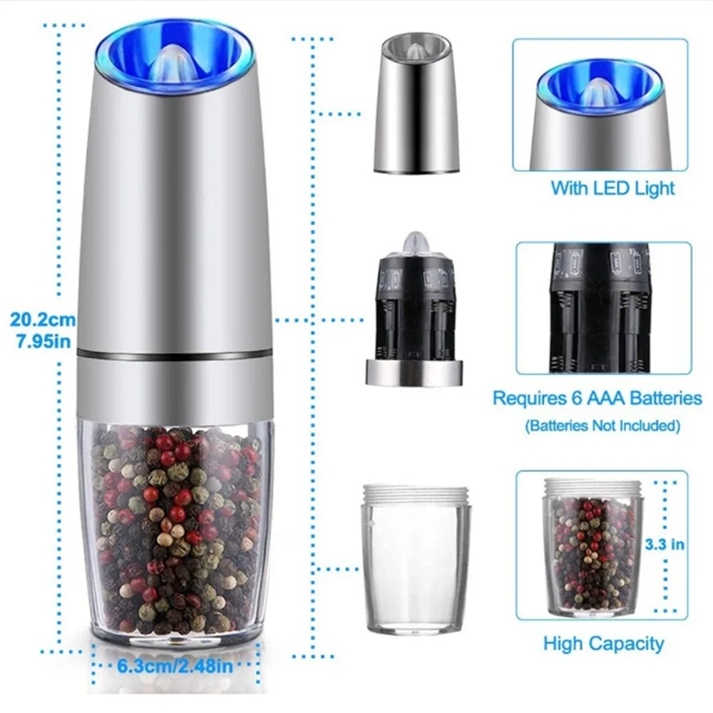 Electric Pepper Mill Stainless Steel Automatic Gravity Induction Salt and Grinder LED Light Kitchen Spice Tools | Дом и сад