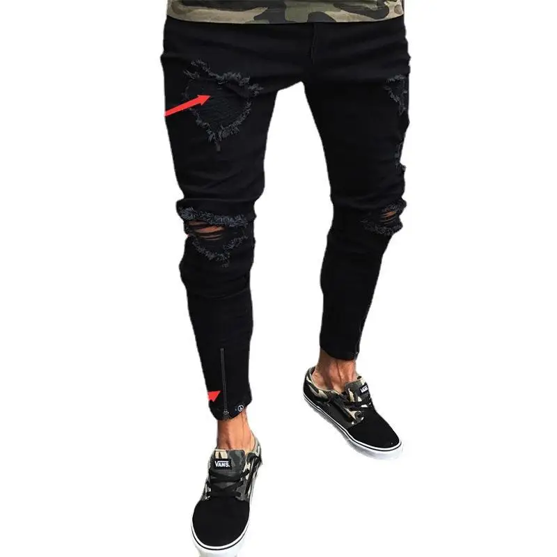 Fashion Jeans Men New Black Hole Elastic Zipper Mens Pants Trend Denim Pencil Pants Men  Plus Size Men Clothing Boyfriend Jeans